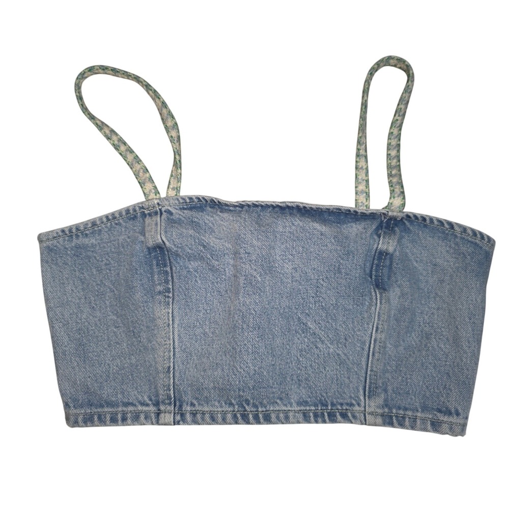 Zara Denim Crop Top Light Wash Blue Tweed Braided Straps Back Zip Womens Medium